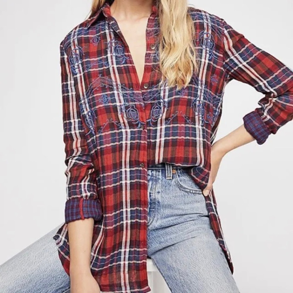 Free People Magical Plaid Embroidered Shirt Red Cotton Button Down Size M